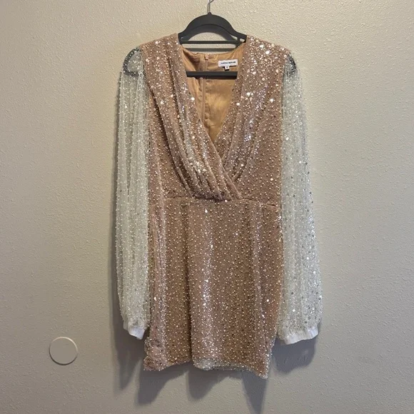 slim fit dress slacks CELINA Gold Sequin Draped Dress